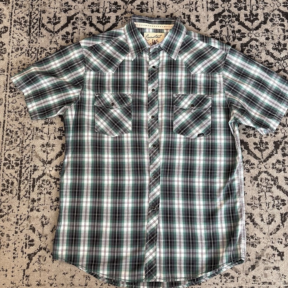 Coastal Shirt Mens Large Green Plaid Button Up Pearl Snaps Casual Rodeo